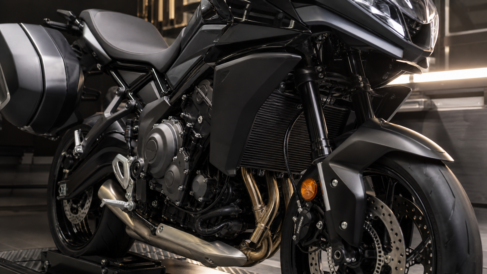 AI-generated editorial detail image of Triumph Tiger Sport 660 2026 triple engine cockpit windscreen brake and touring hardware