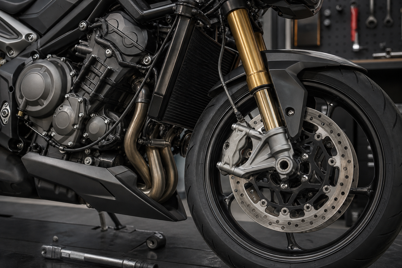 Triumph Street Triple 765 RS 765cc triple engine radial brake inverted fork and cockpit electronics detail in an industrial inspection bay