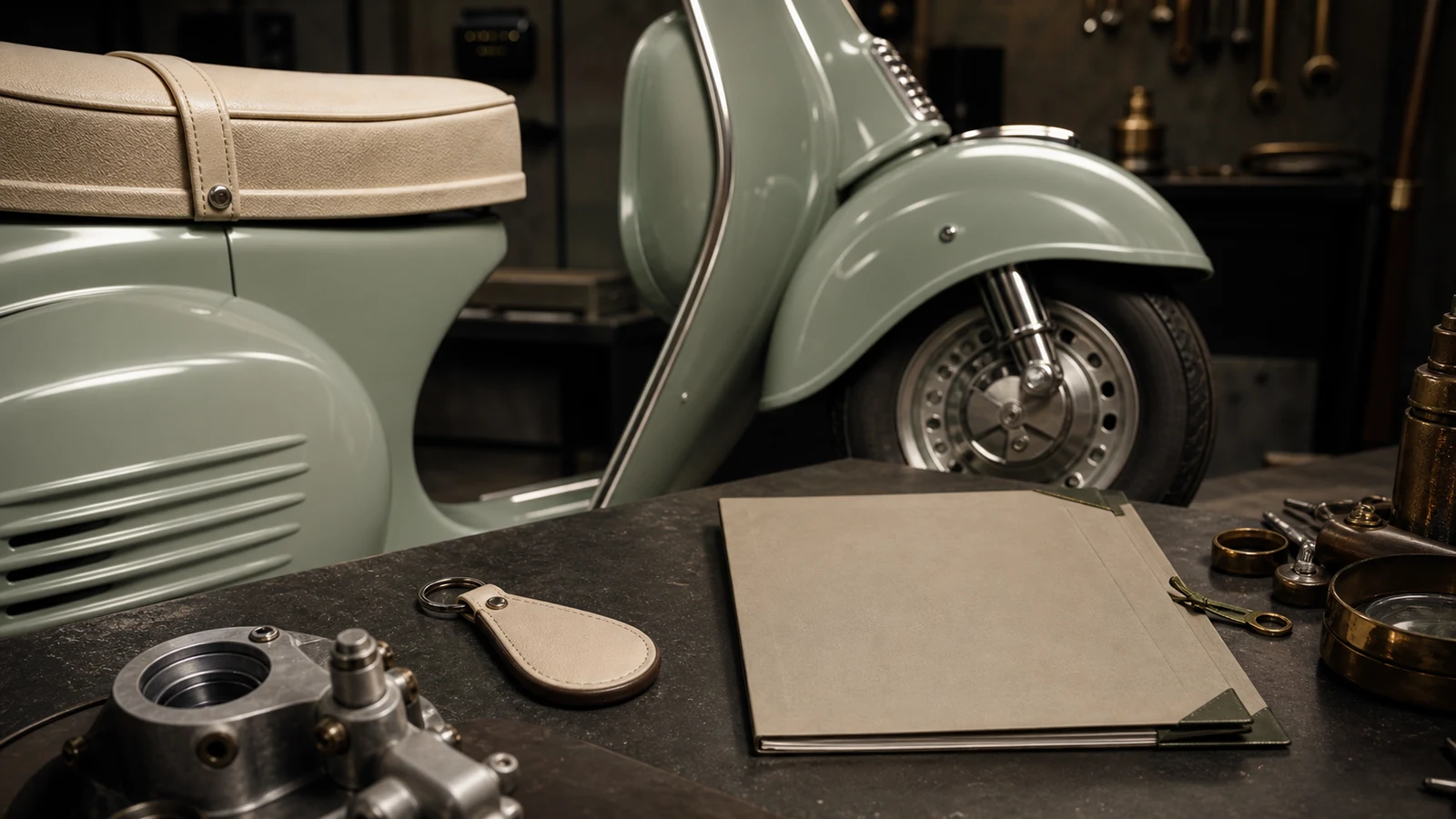 AI-generated Vespa 80th Anniversary pastel green bodywork cream saddle wheel and provenance detail image