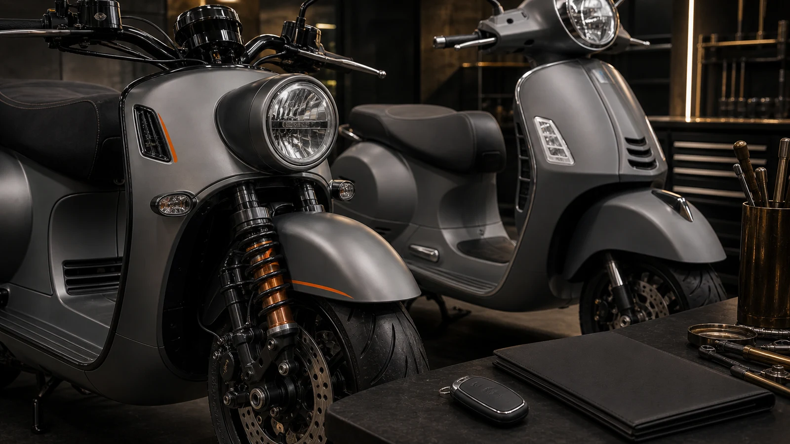 AI-generated Vespa GTV 300 HPE low headlamp and Vespa GTS 300 HPE front shield ownership-readiness detail image