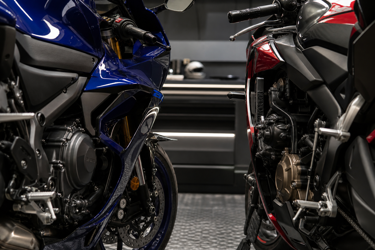 Yamaha YZF-R7 CP2 detail and Honda CBR650R E-Clutch inline-four cockpit detail for middleweight sportbike comparison