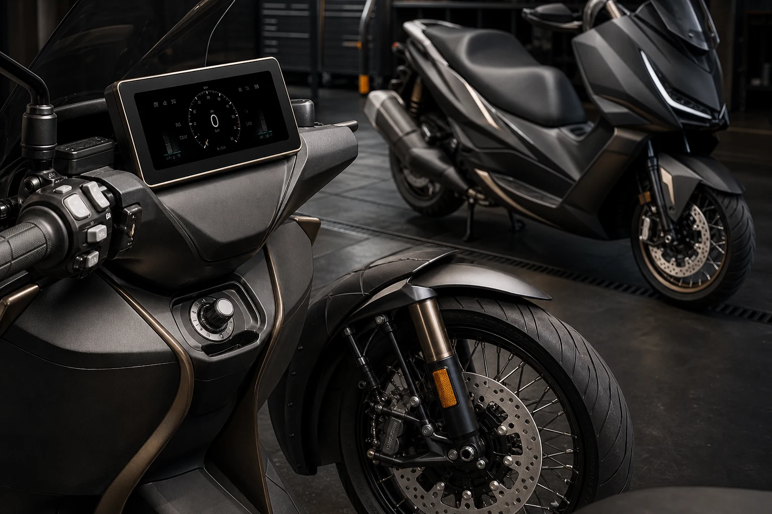 AI-generated Zontes 368D and Zontes 350D TFT cockpit front brake wheel and city scooter system detail image