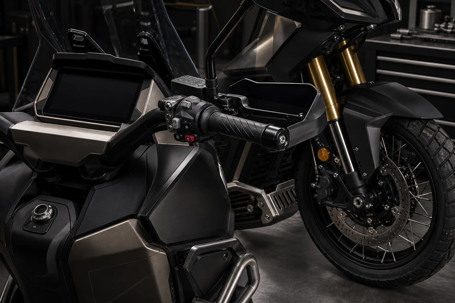 AI-generated Zontes 368G 2026 ETC cockpit front fork brake and adventure scooter detail image